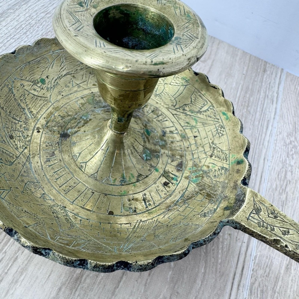 Brass Egyptian Etched Chamberstick Candle Holder Handle Vintage 8in Decor